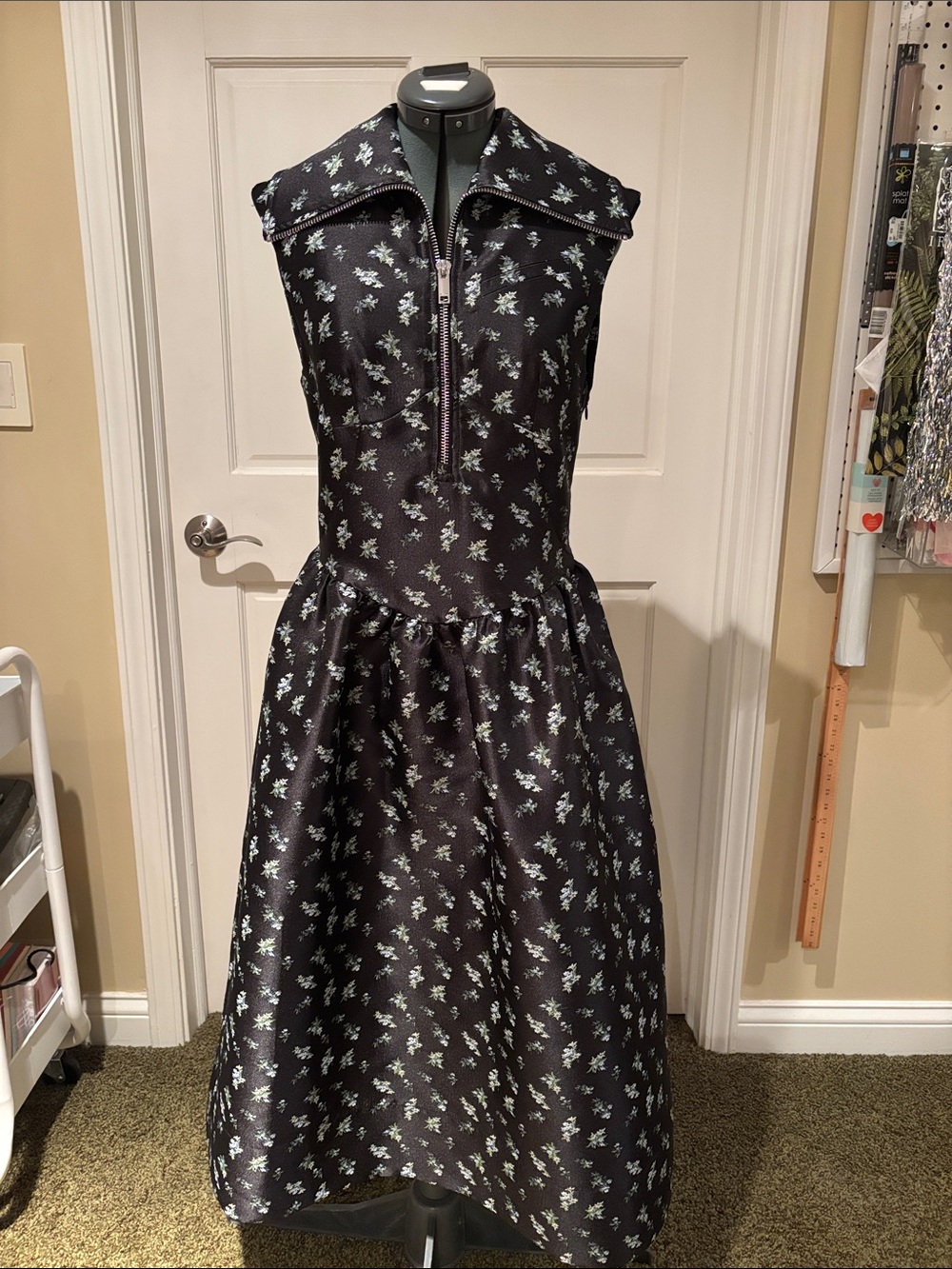 Ganni Black Midi Dress with Pale Green &Blue Floral Print